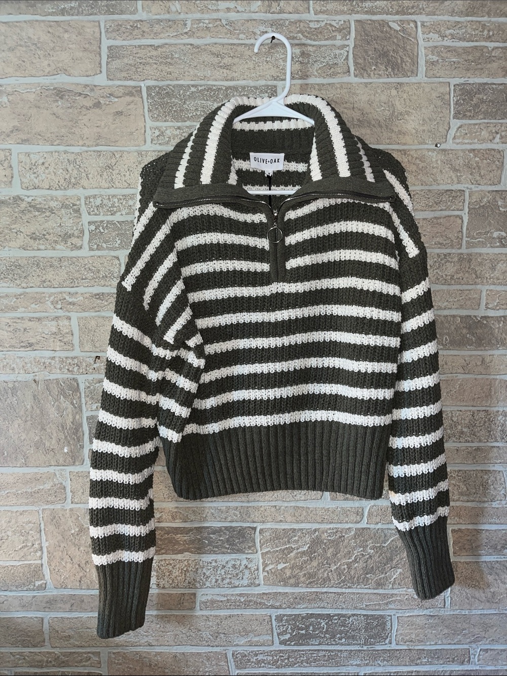 Olive & Oak Olive and White Striped Half-Zip Turtleneck Sweater
